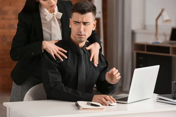 Beautiful Young Secretary Seducing Her Boss Office Concept Harassment — Stock Photo, Image