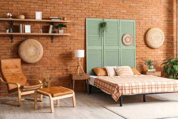 Interior Stylish Bedroom Folding Screen Brick Wall — Stock Photo, Image
