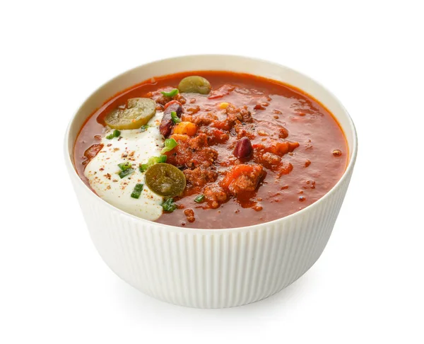 Bowl Delicious Chili Con Carne White Background — Stock Photo, Image