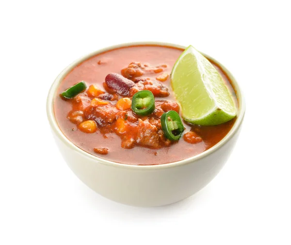 Bowl Tasty Chili Con Carne White Background — Stock Photo, Image