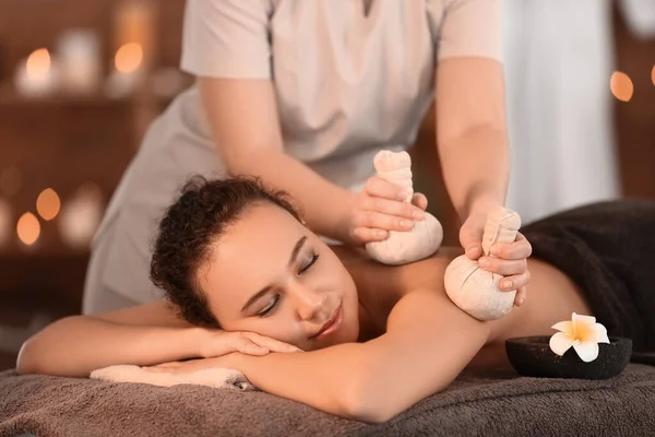 Beautiful Young African American Woman Getting Massage Spa Salon — Stock Photo, Image