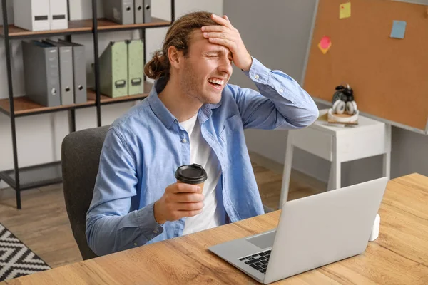 Handsome Young Man Cup Coffee Video Chatting Office — Stock Photo, Image