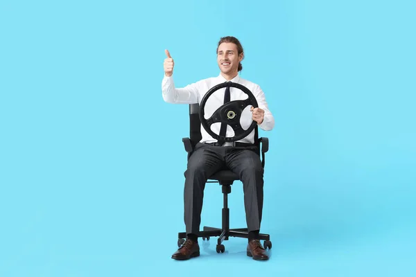 Young Man Steering Wheel Showing Thumb Color Background — Stock Photo, Image