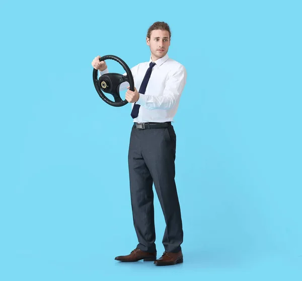 Young Man Steering Wheel Color Background — Stock Photo, Image