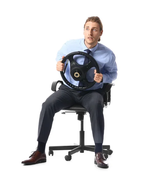 Young Man Steering Wheel Sitting Chair White Background — Stock Photo, Image