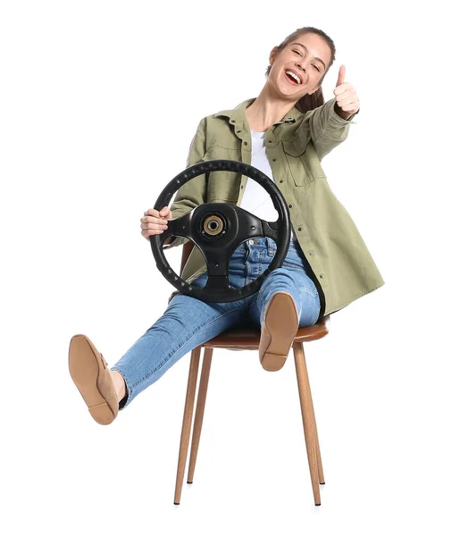 Young Woman Steering Wheel Showing Thumb White Background — Stock Photo, Image