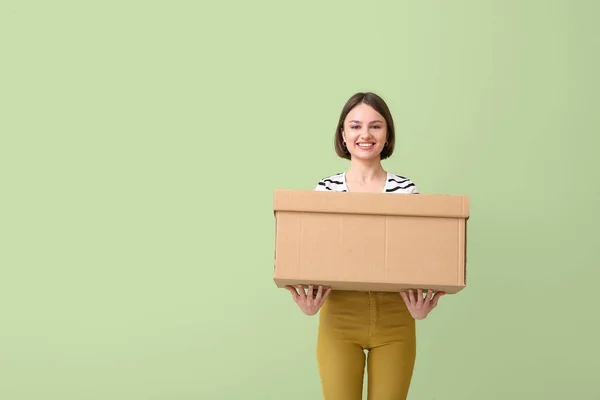 Young Woman Wardrobe Box Color Background — Stock Photo, Image
