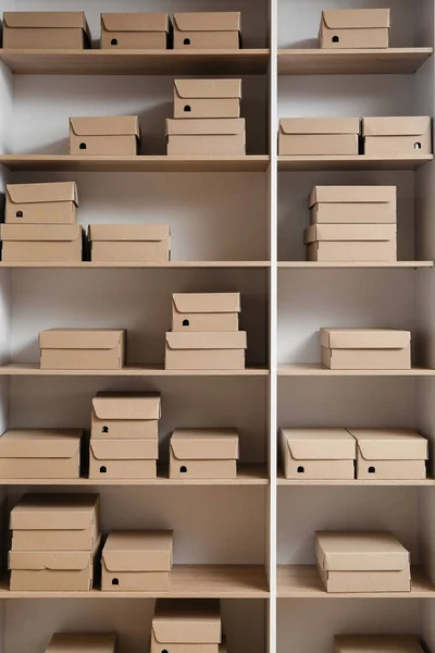 Many Cardboard Boxes Shelves Wardrobe — Stock Photo, Image