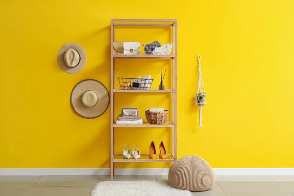 Shelving Unit Clothes Accessories Organizers Yellow Wall — Stock Photo, Image