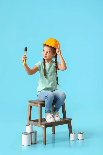 Little Girl Paint Brush Blue Background — Stock Photo, Image