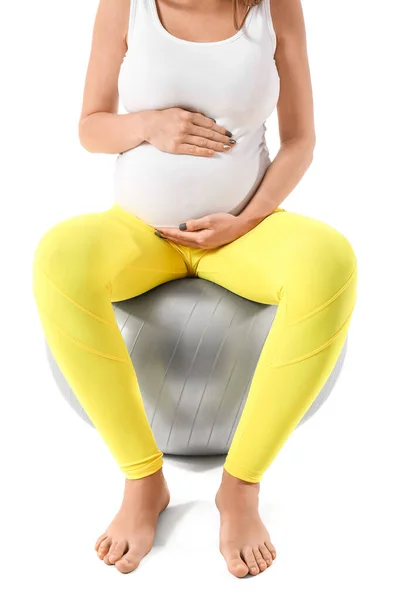 Young Pregnant Woman Fitball Doing Yoga White Background Closeup — Stock Photo, Image