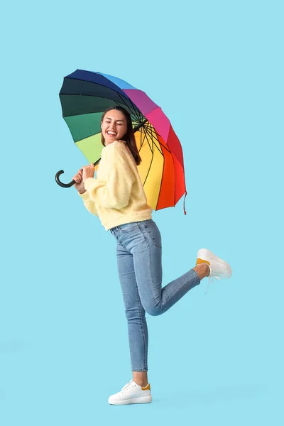 Funny Young Woman Umbrella Color Background — Stock Photo, Image