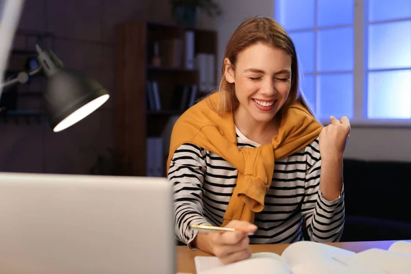 Happy Female Student Preparing Exam Home Late Evening — Stock Photo, Image