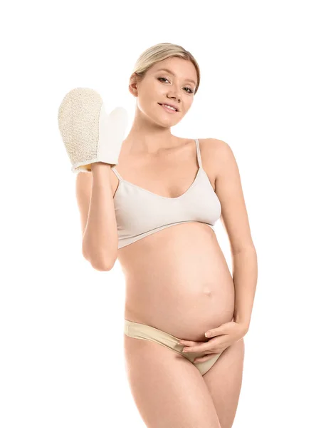 Beautiful Pregnant Young Woman Massage Mitten White Background — Stock Photo, Image