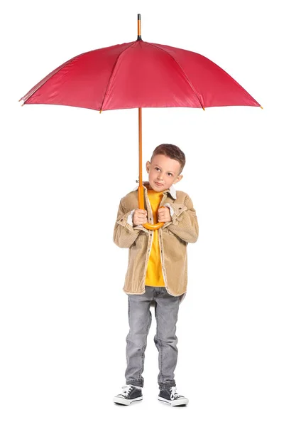 Söt Liten Pojke Med Paraply Vit Bakgrund — Stockfoto
