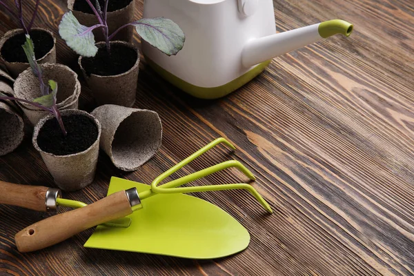 Planten Zaailingen Turf Potten Tuingereedschap Houten Achtergrond — Stockfoto