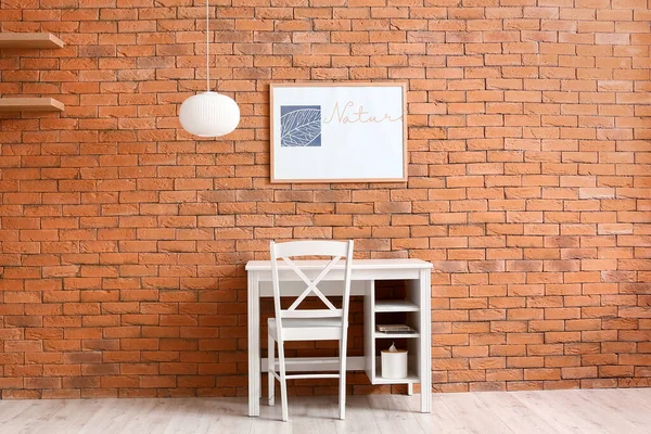 Interior Room Modern Workplace Painting Word Nature Brick Wall — Stock Photo, Image