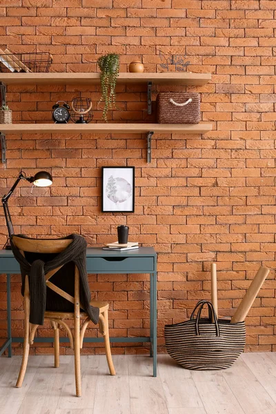 Room Interior Stylish Workplace Shelves Brick Wall — Stock Photo, Image