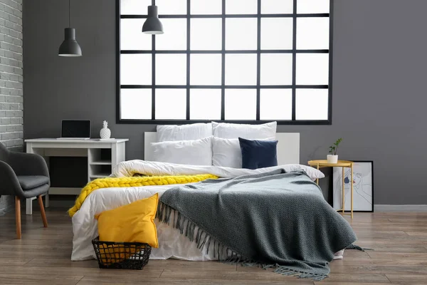 Interior Modern Bedroom Big Bed — Stock Photo, Image