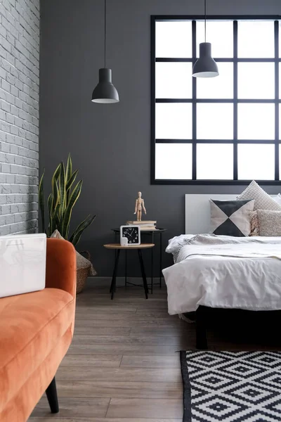Stylish Bedroom Big Window Comfortable Bed Sofa Lamps — Stock Photo, Image
