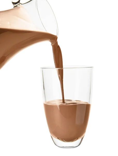 Pouring Tasty Chocolate Milk Glass White Background — Stock Photo, Image