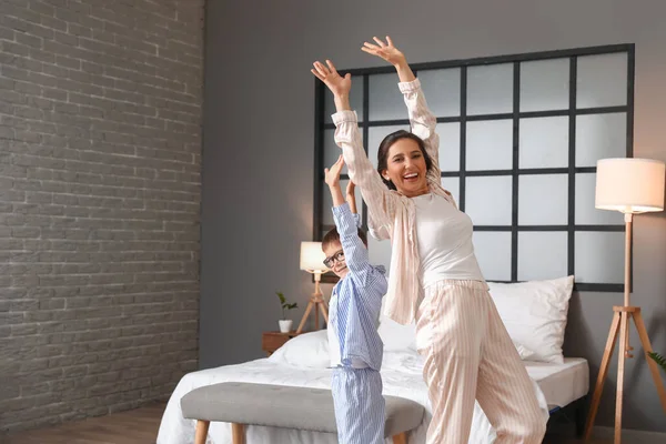 Young Woman Her Little Son Dancing Bedroom — Stock Photo, Image