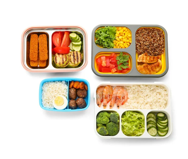 Veel Containers Met Lekker Gezond Eten Witte Achtergrond — Stockfoto