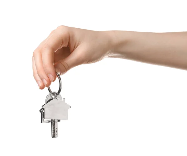 Frauenhand Mit Schlüsselanhänger Hausform Auf Weißem Hintergrund — Stockfoto