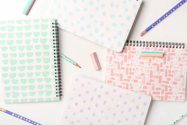 Stylish Notebooks Pencils Erasers White Background Closeup — Stock Photo, Image