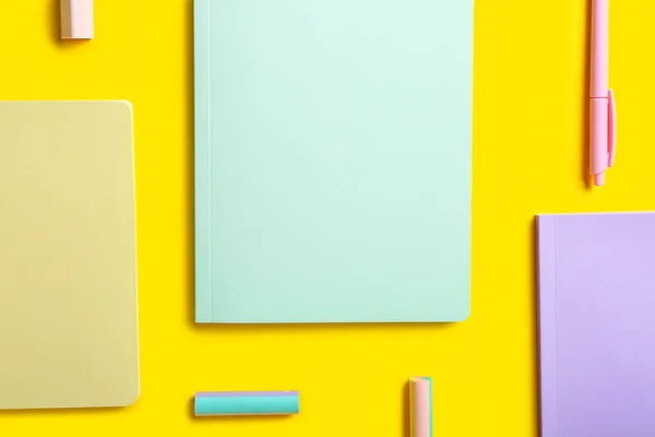 Stylish Notebooks Pen Erasers Color Background Closeup — Stock Photo, Image