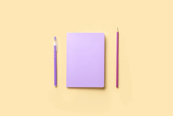 Stylish Notebook Pen Pencil Color Background — Stock Photo, Image