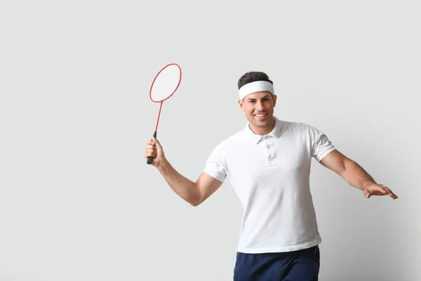 Sporty Male Badminton Player Light Background — Stock Photo, Image
