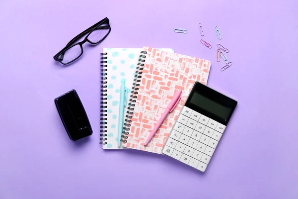 Stationery Supplies Glasses Color Background — Stock Photo, Image