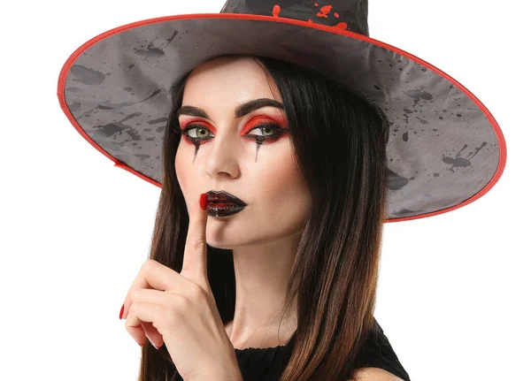 Krásná Žena Oblečená Jako Čarodějnice Halloween Bílém Pozadí — Stock fotografie