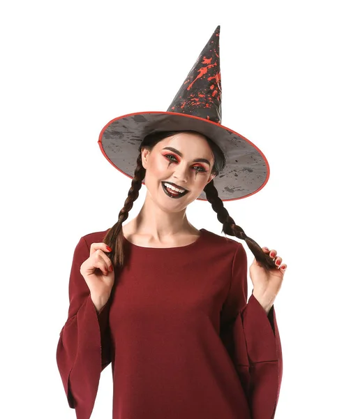 Mooie Vrouw Verkleed Als Heks Voor Halloween Witte Achtergrond — Stockfoto