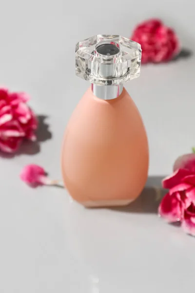 Garrafa Perfume Flores Cravo Fundo Claro — Fotografia de Stock