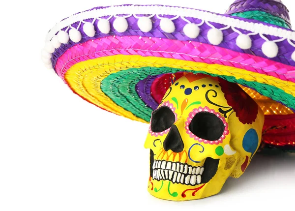 Festett Emberi Koponya Mexikói Day Dead Dia Muertos Sombrero Fehér — Stock Fotó