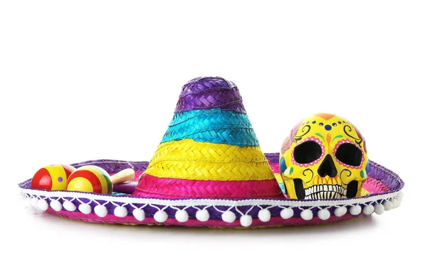 Malowana Ludzka Czaszka Dzień Zmarłych Meksyku Dia Muertos Marakasy Sombrero — Zdjęcie stockowe