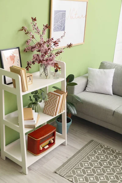Book Shelf Blossoming Branches Sofa Color Wall — Stock Photo, Image