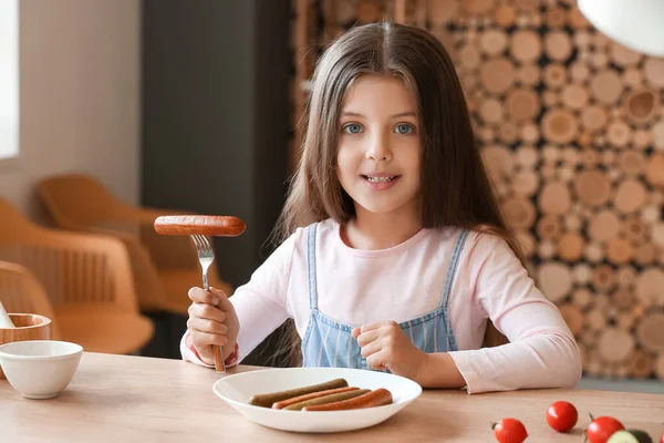 Cute Little Girl Tasty Sausage Kitchen — Stock Photo, Image