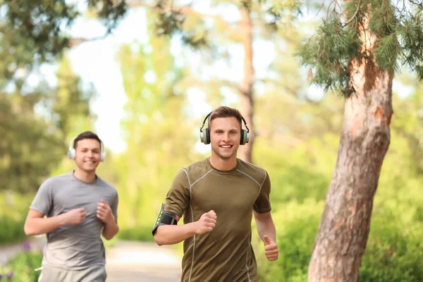 Sporty Young Man Headphones Running Park — Stock Photo, Image