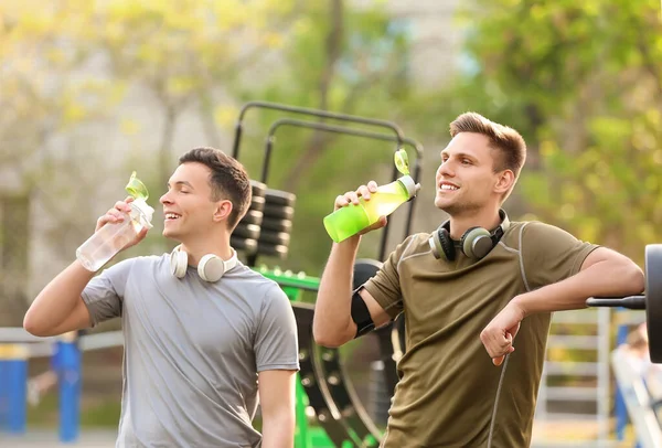 Young Men Drinking Water Sport Ground — Stock Photo, Image