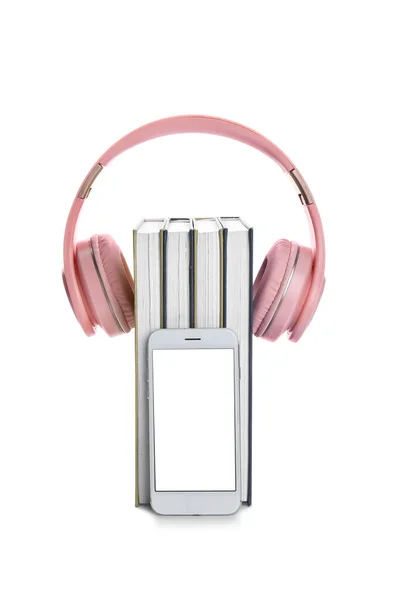 Modern Headphones Mobile Phone Books White Background — Stock Photo, Image