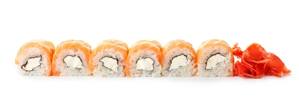 Smaczne Sushi Rolki Imbir Białym Tle — Zdjęcie stockowe