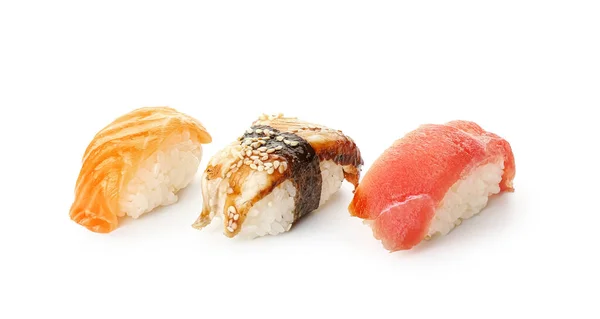 Diferentes Sushi Delicioso Sobre Fondo Blanco —  Fotos de Stock