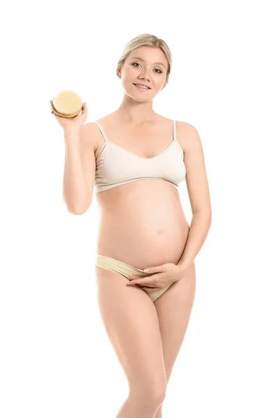 Mooie Zwangere Jonge Vrouw Met Massage Borstel Witte Achtergrond — Stockfoto