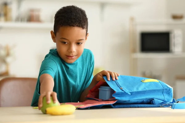 Cute Little Boy Putting His School Lunch Bag — Stock Photo, Image