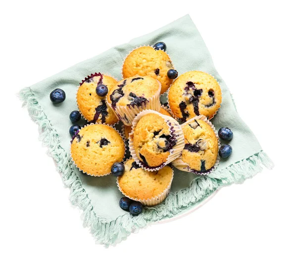 Plate Tasty Blueberry Muffins White Background — Stock Photo, Image