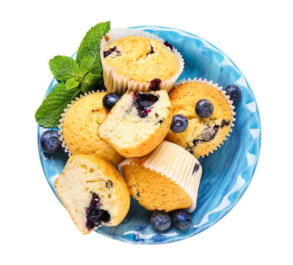 Bord Met Smakelijke Blueberry Muffins Witte Achtergrond — Stockfoto