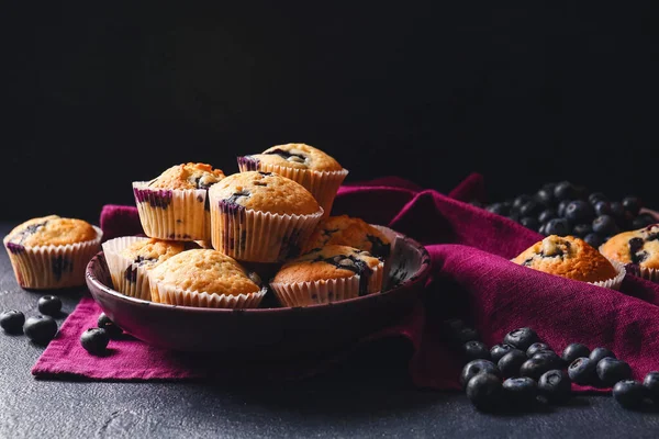 Composition Tasty Blueberry Muffins Berries Dark Background — Stock Photo, Image